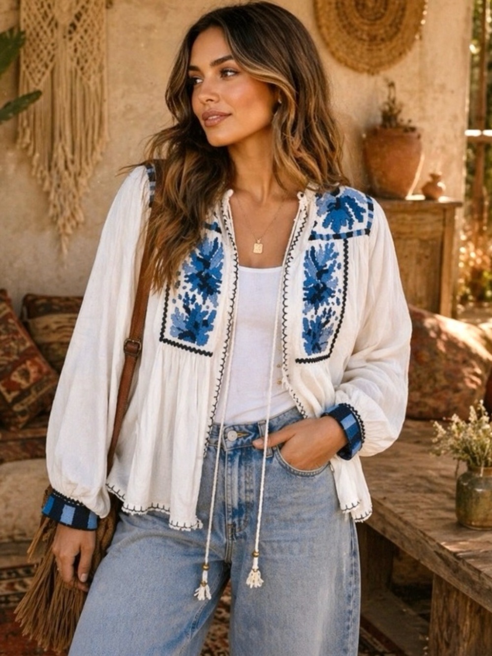 NWT Zara White Boho Blouse Blue Embroidery Gold Tassels